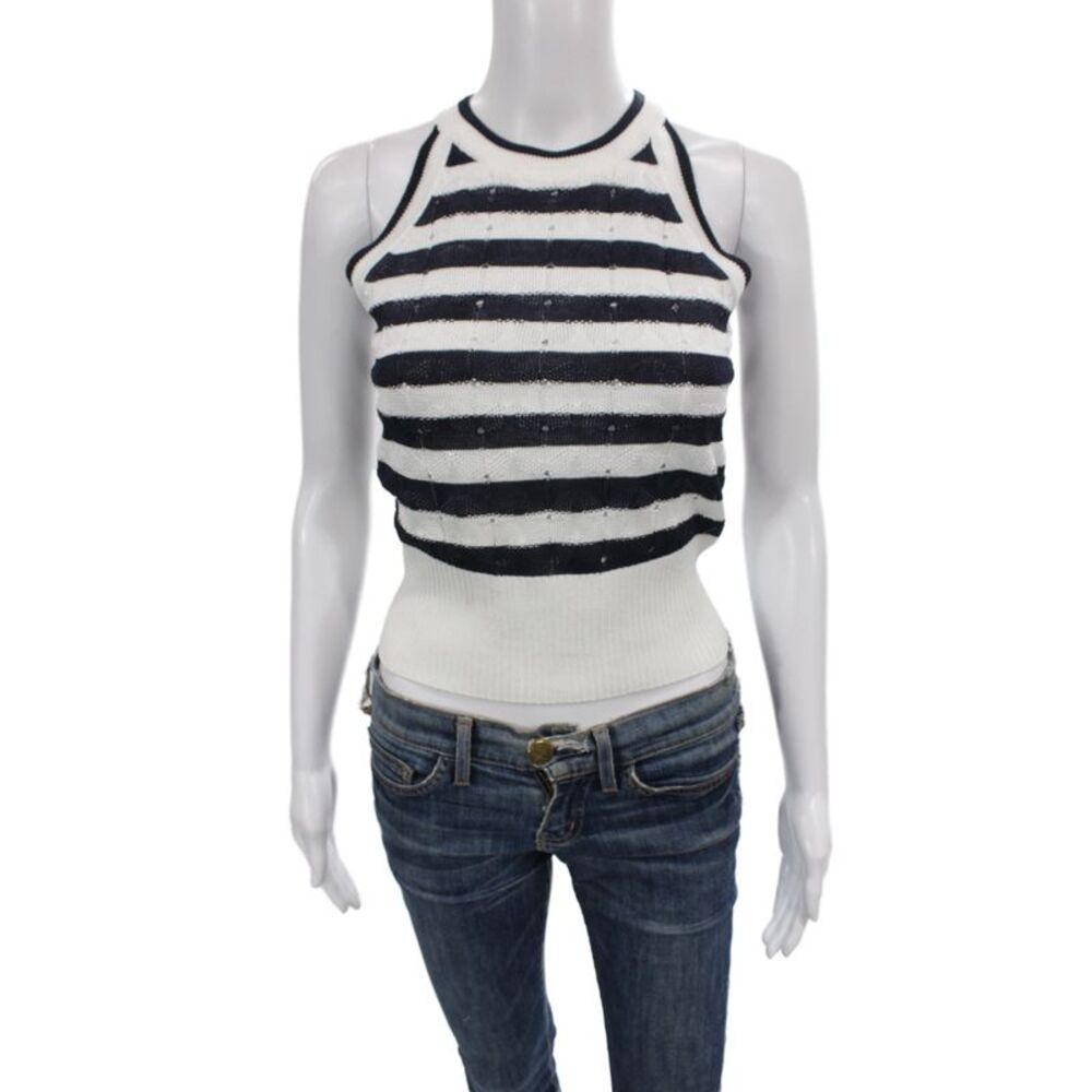 Veronica Beard Women Cropped Striped Navy Tank Organic Cotton Crew Neck Size XS